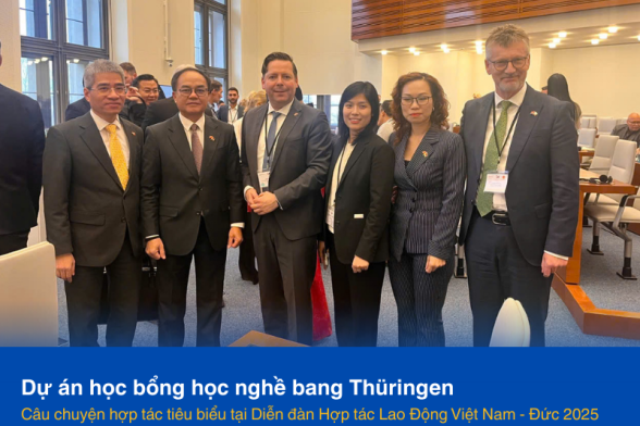 Đại diện GCA và IHK Südthüringen chụp ảnh cùng lãnh đạo Bộ Nội vụ Việt Nam và Đại sứ quán Việt Nam tại Đức tại Diễn đàn Hợp tác lao động Việt Nam – Đức 2025.